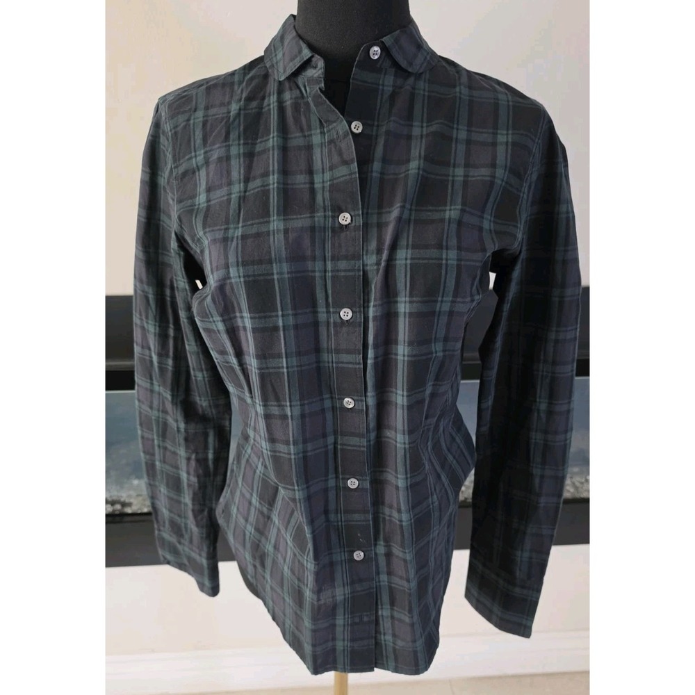 J.Crew Black Watch Plaid Peter Pan Collar Button Down Shirt Green Navy Blue